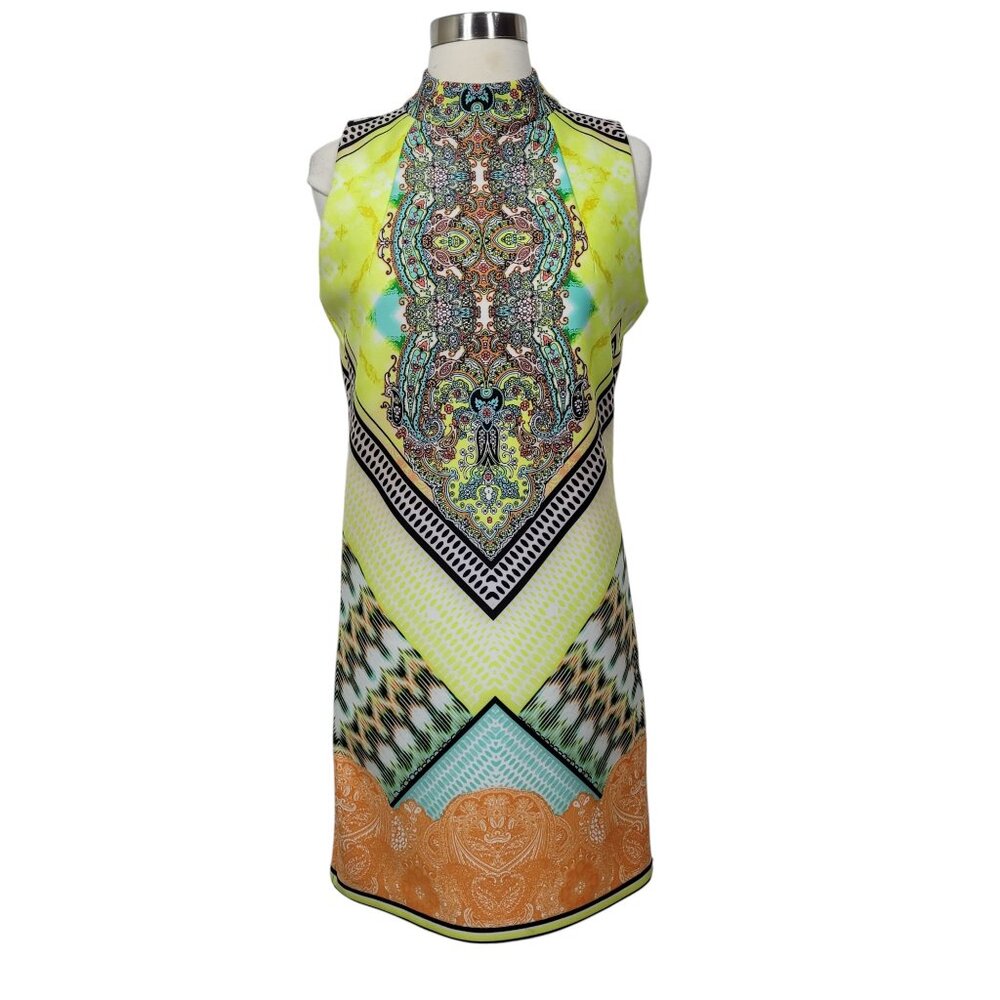 Melissa Paige Women's Ikat Geometric Scuba Stretch Mock Neck Shift Dress Size SP